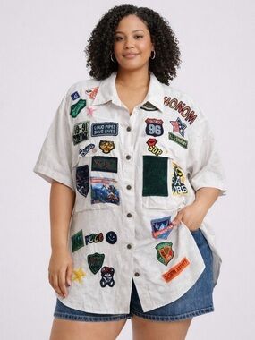 Micas Patchwork Button-Front Shirt Jacket in Off-White 3X